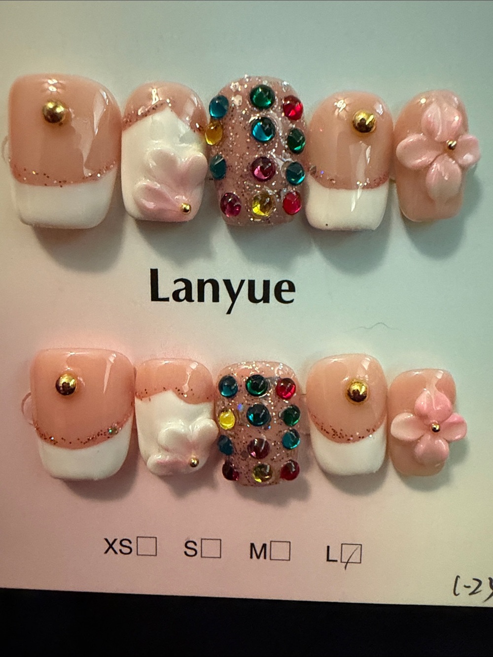 Pink Floral & Gem w/ French tip handmade acrylic Press-On Nail Set